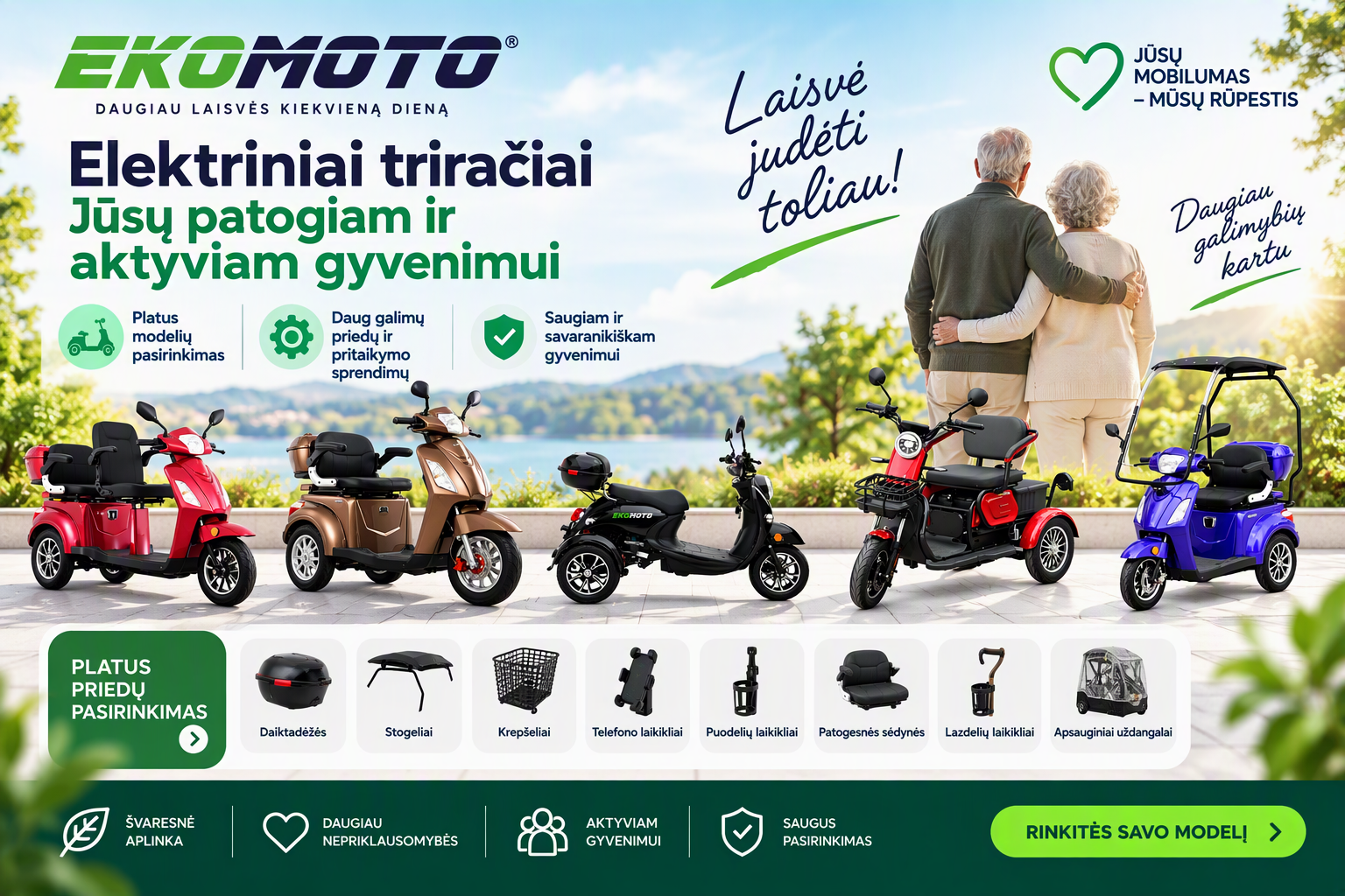 Ekomoto elektriniai triračiai motoroleriai